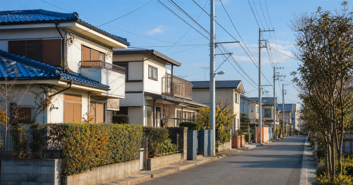 上尾市の落ち着いた住宅街の生活道路。更新期を迎えた住宅ストックの営繕需要が事業承継の相談が集まる背景にあることを示すイメージ
