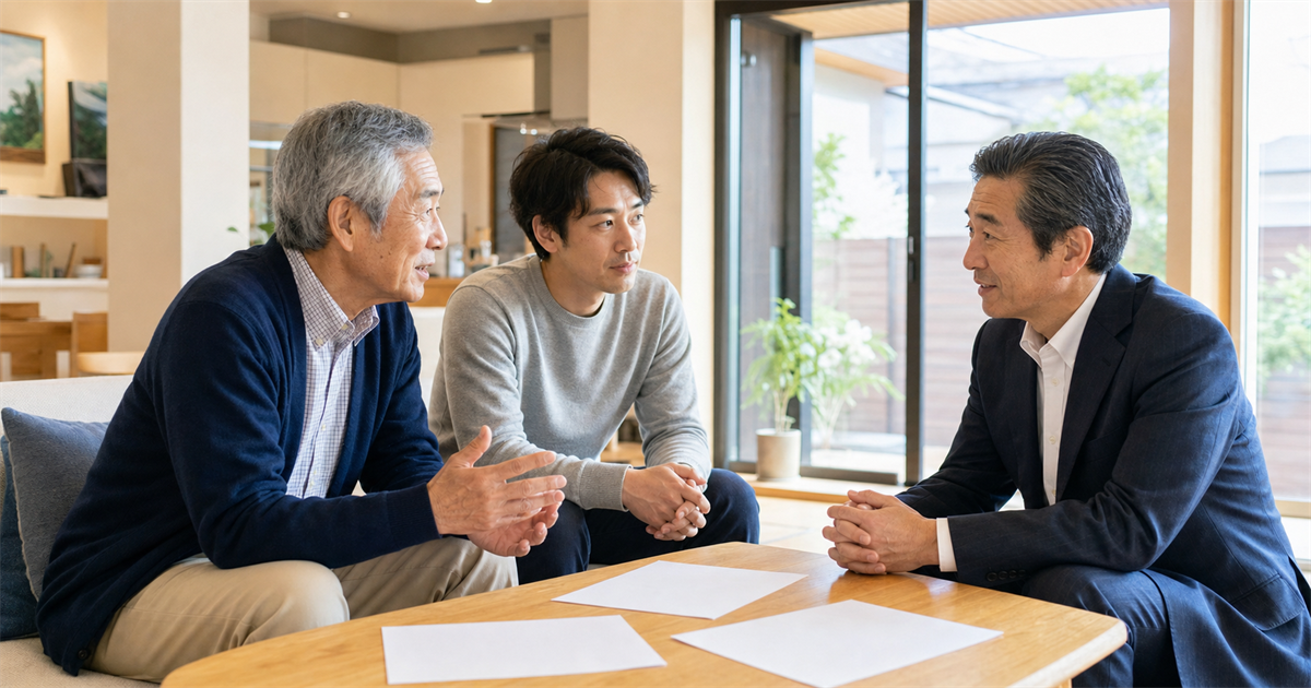 自宅で年配経営者と息子・番頭格の従業員が事業承継の進路を話し合う様子。親族内承継・従業員承継・M&A・廃業の4つの選択肢を検討するイメージ
