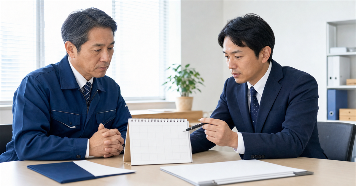経営者と行政書士がカレンダーで承継認可の期限を効力発生日から逆算して確認する様子。許可承継認可と経審スコアを切らさない段取りのイメージ