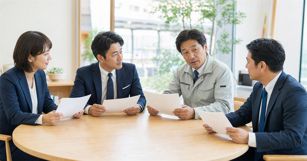 会議室の丸テーブルで行政書士・税理士ら専門家が経営者を囲み連携する様子。事業承継を相談すべき専門家の役割分担と費用の目安のイメージ