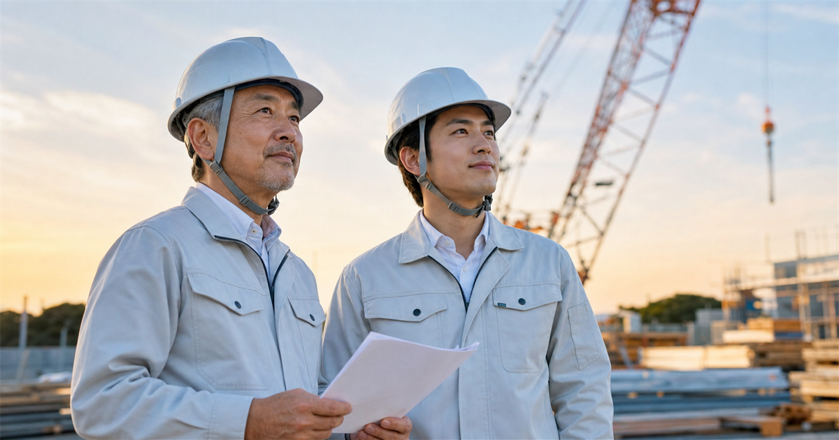 夕暮れの建設現場で年配経営者と若手後継者が前を見据える様子。事業承継は5〜10年前から着手するほど有利であることを表すイメージ