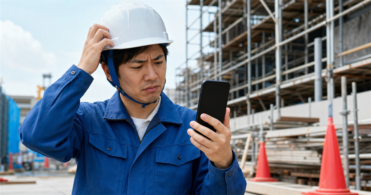 現場でスマホの手続きに困る作業員=自分でCCUS登録して詰まる落とし穴のイメージ