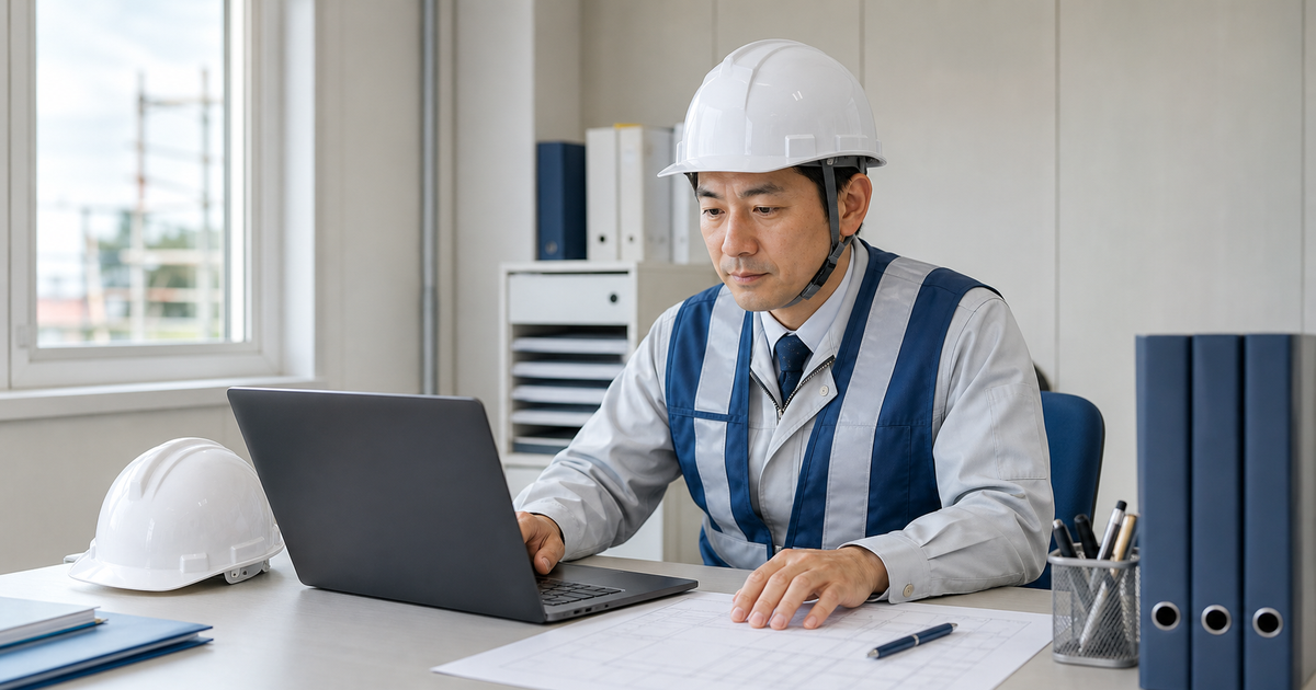 現場事務所でPC作業する監督=建設業許可とCCUSをセットで進めるイメージ