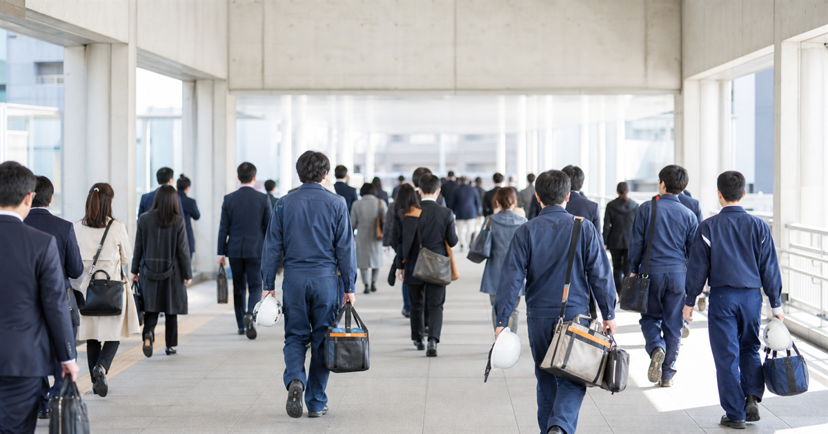 朝の連絡通路を工具バッグを手に現場へ向かう職人たち（越谷市の広域な現場移動）