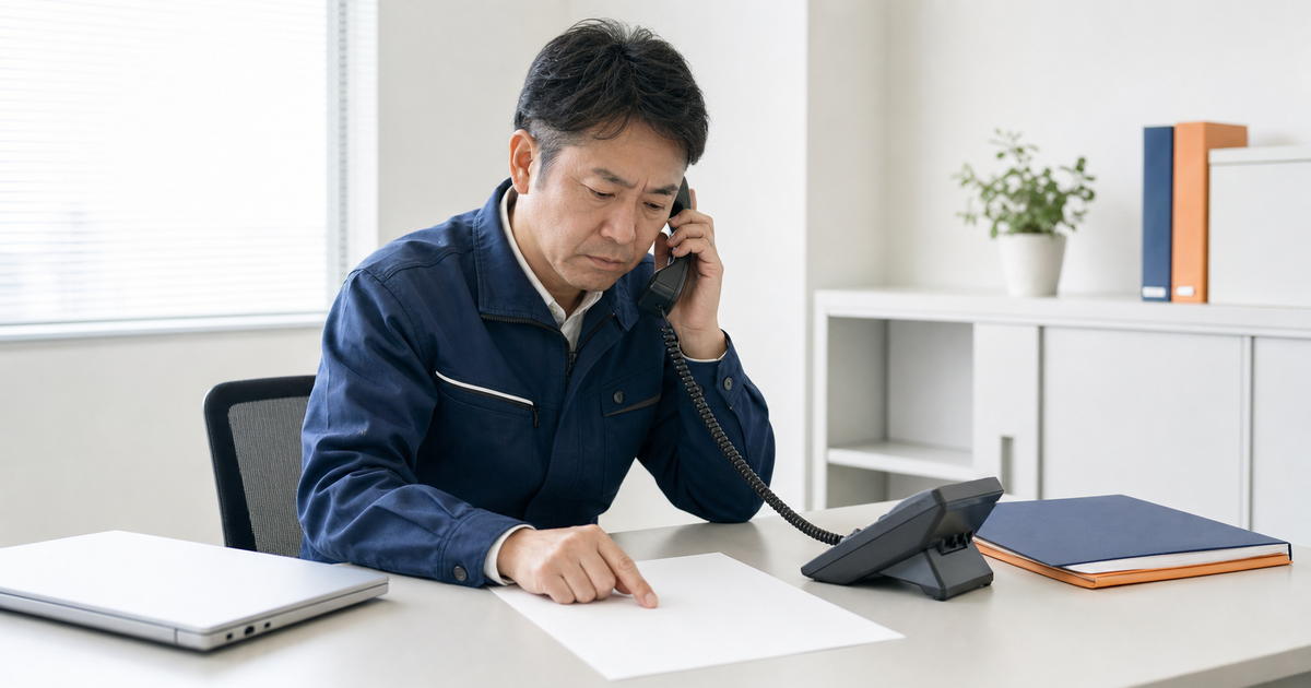 事務所で電話を手にCCUS登録の不明点を問い合わせる一人親方