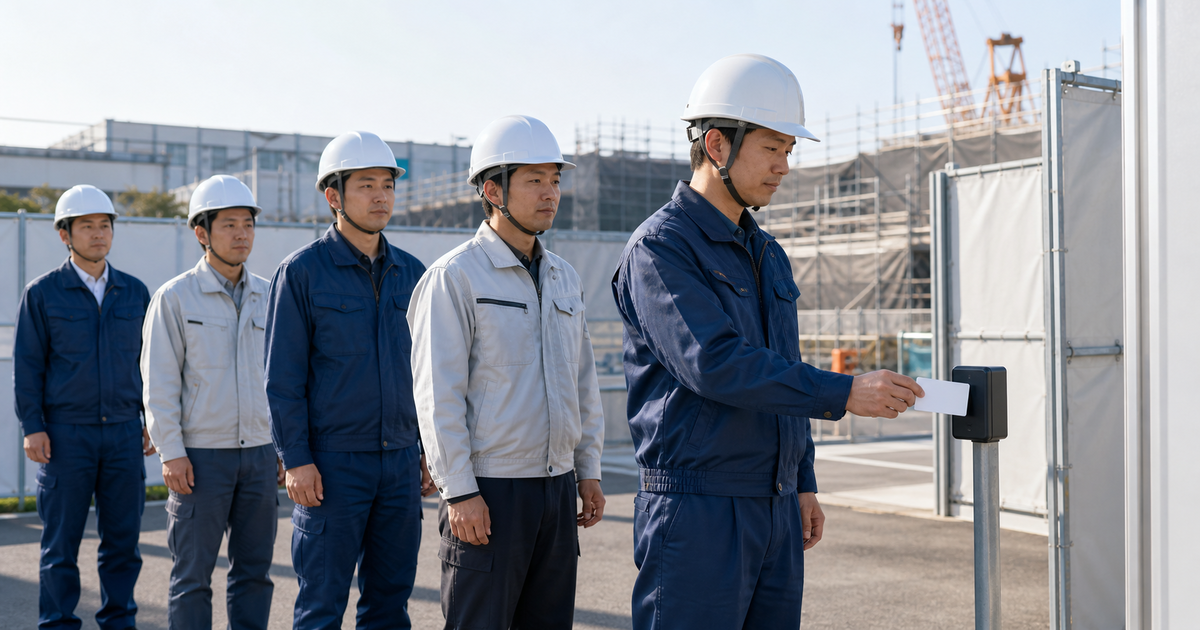 現場ゲートで順に入場する技能者の列（現場利用料は1人日・現場あたり10円）