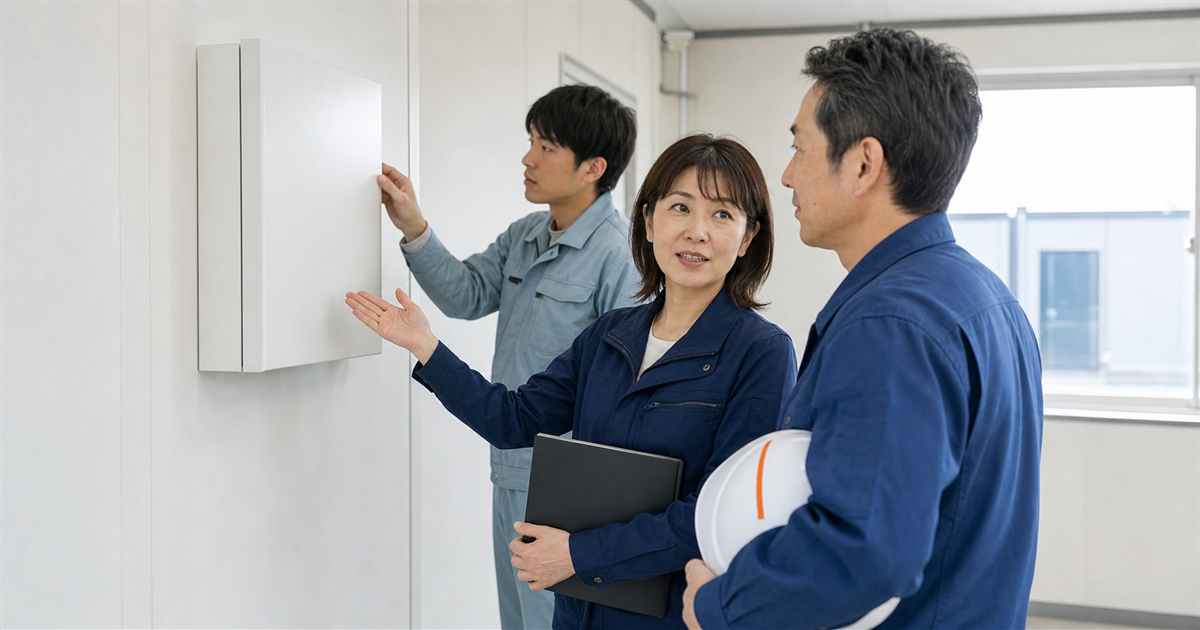 現場事務所でカードリーダーの運用手順を説明する行政書士と現場責任者