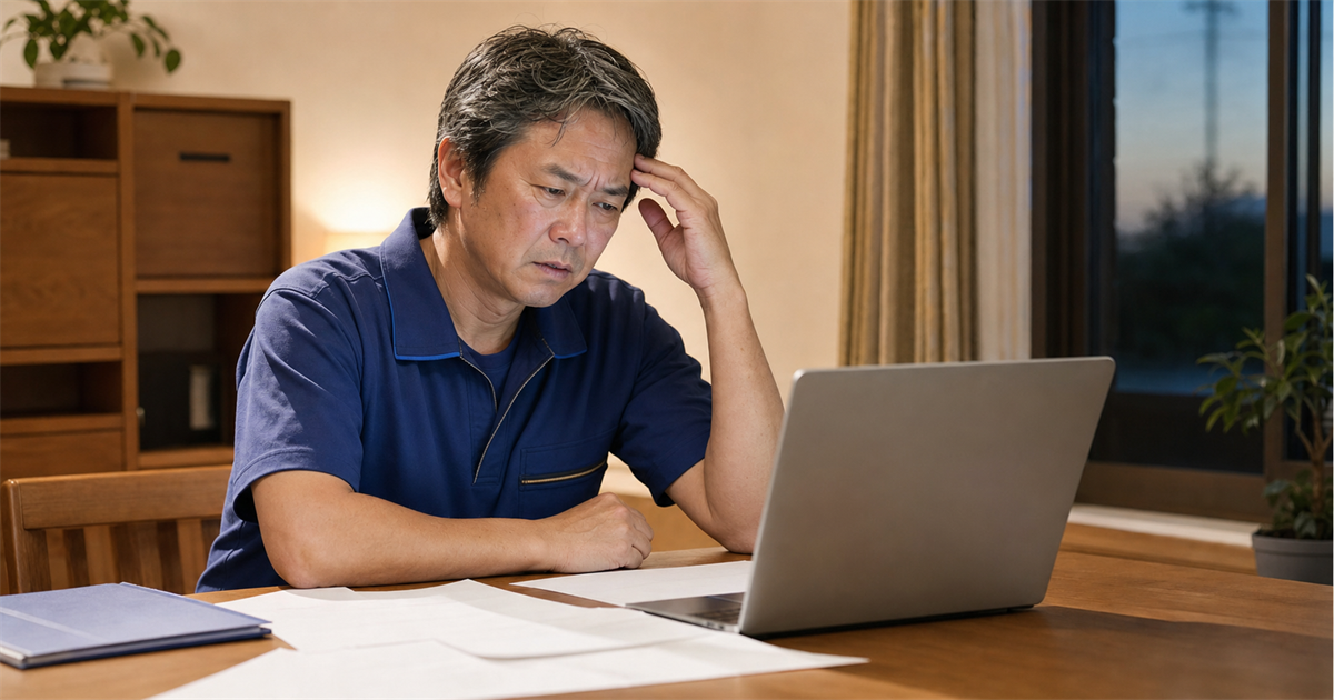 ノートPCの前で手続きに悩む建設業経営者＝自分でCCUS登録して詰まる落とし穴のイメージ