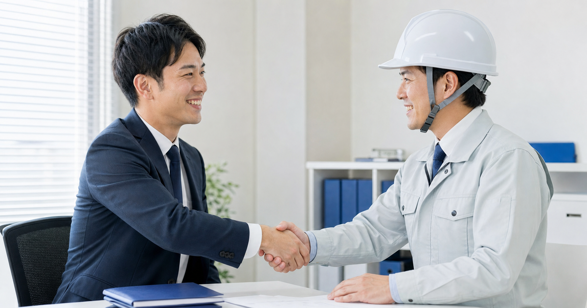 専門家と建設作業員の握手＝CCUS登録代行を依頼するイメージ