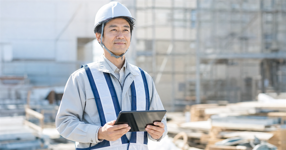 タブレットを持つ現場監督＝行政書士に依頼するメリットのイメージ
