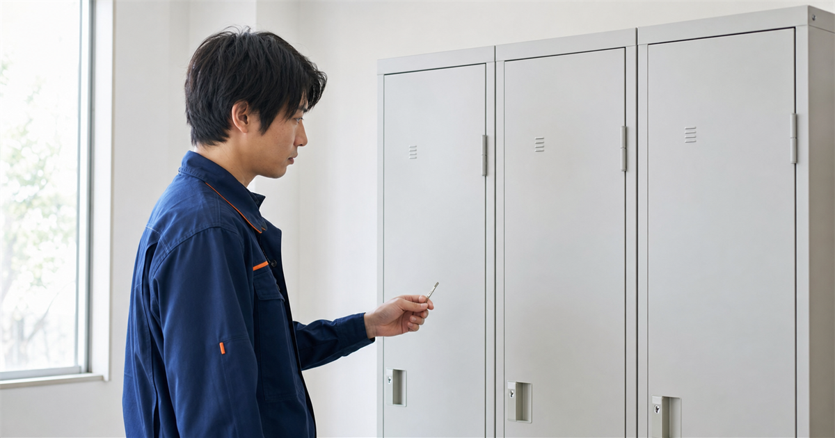 3つ並んだロッカーの前で鍵を手に迷う技能者（管理者ID・事業者ID・現場IDの3階層を取り違える落とし穴）