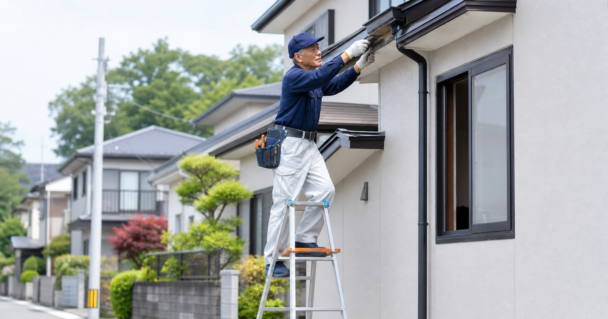 宮代町の住宅街で戸建て住宅の外壁と軒先を補修する年配のベテラン職人