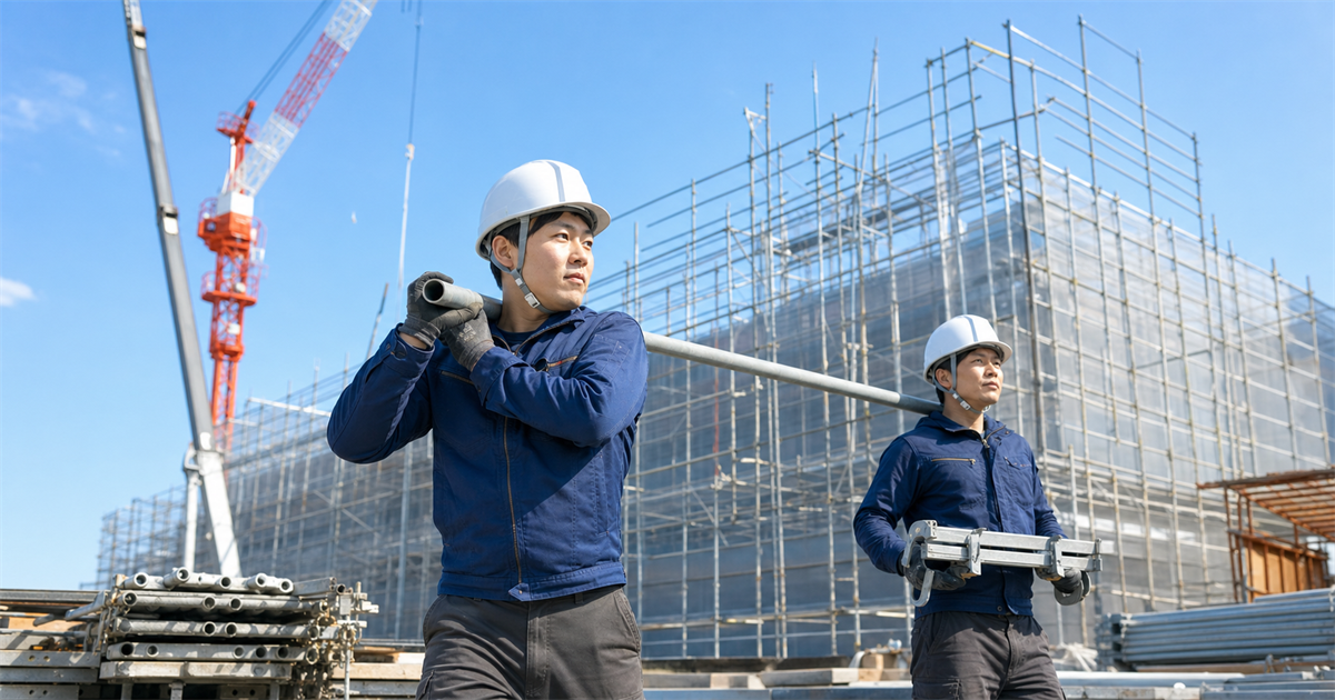 足場とタワークレーンのある大型建設現場で資材を運ぶ建設作業員2人