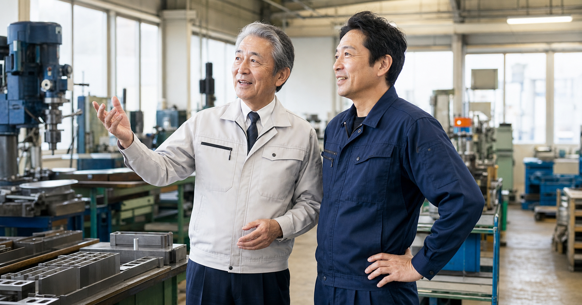 町工場のフロアを見渡しながら会社の将来を語り合う年配経営者と番頭格の従業員