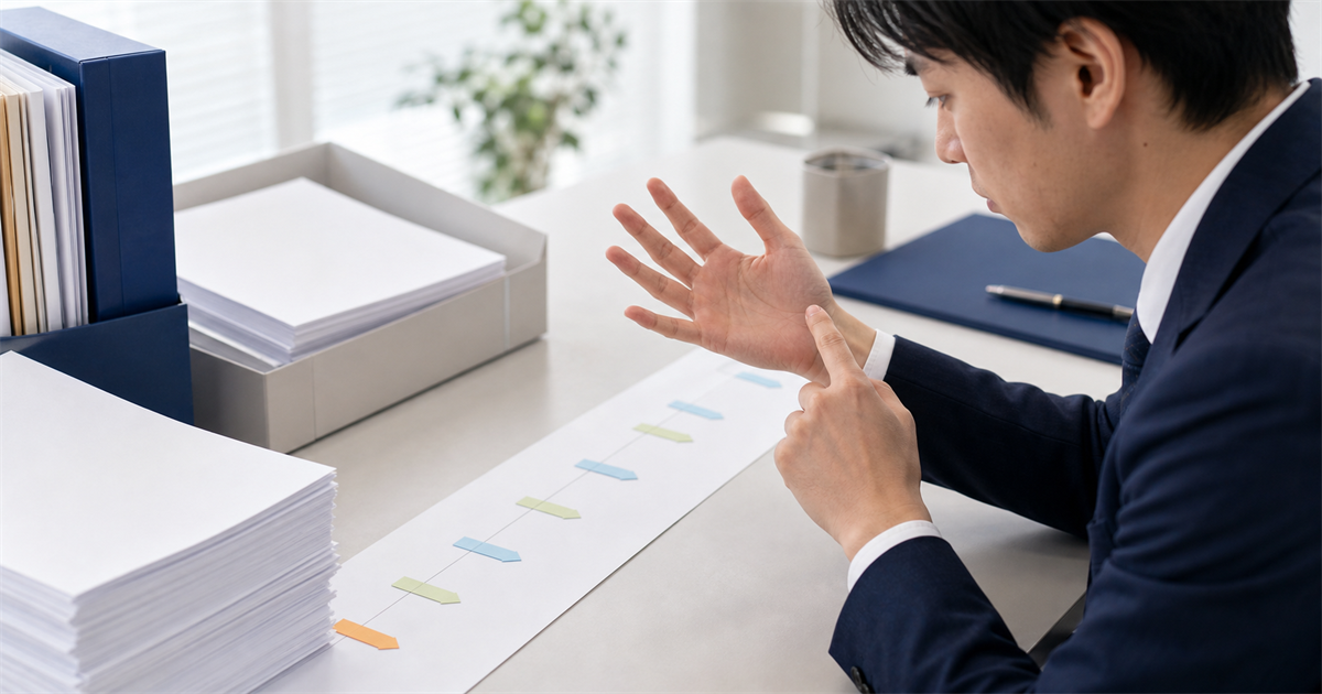 承継認可の書類とタイムラインを前に効力発生日から申請日程を逆算する行政書士