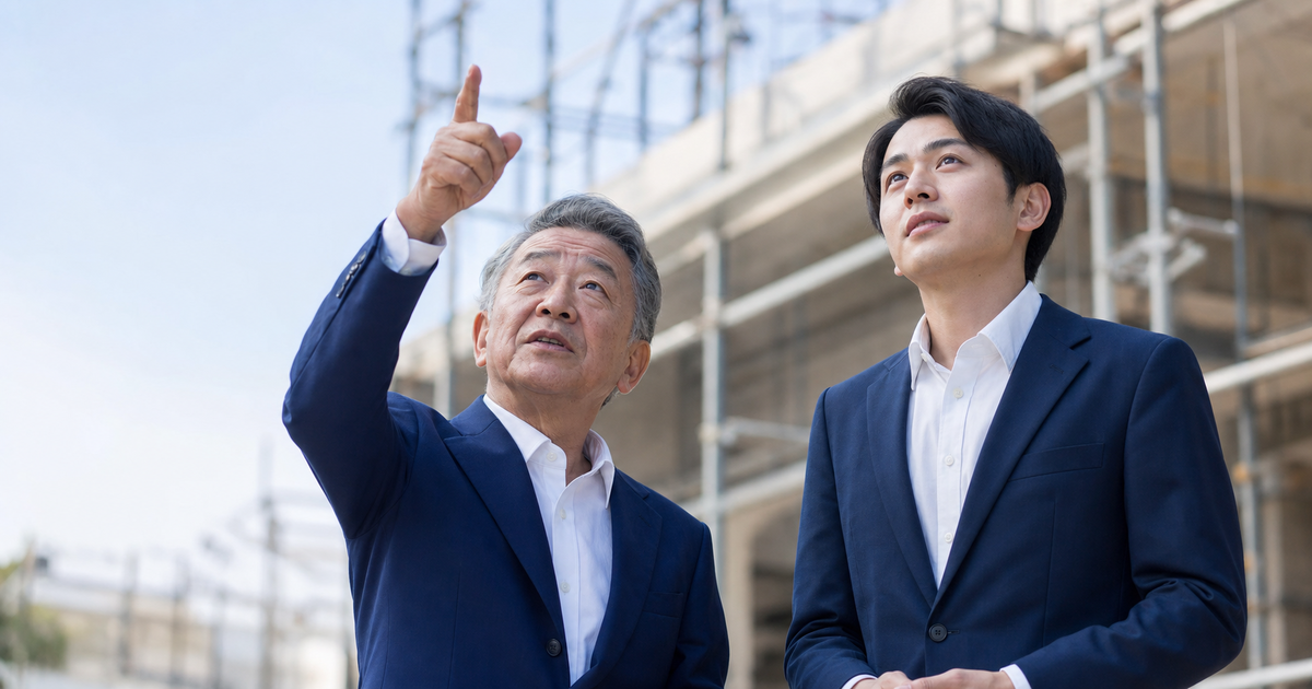 建設中の建物を見上げ将来像を語り合う年配経営者と若手後継者