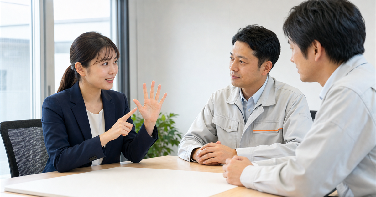 会議室で費用の内訳を指折り説明する女性行政書士と聞く建設業者2人（CCUS料金体系と代行費用相場）