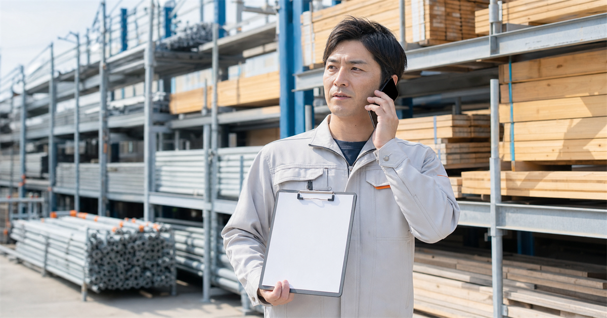 資材置き場でクリップボードを持ち電話する一人親方（登録代行を依頼すべき典型パターン）