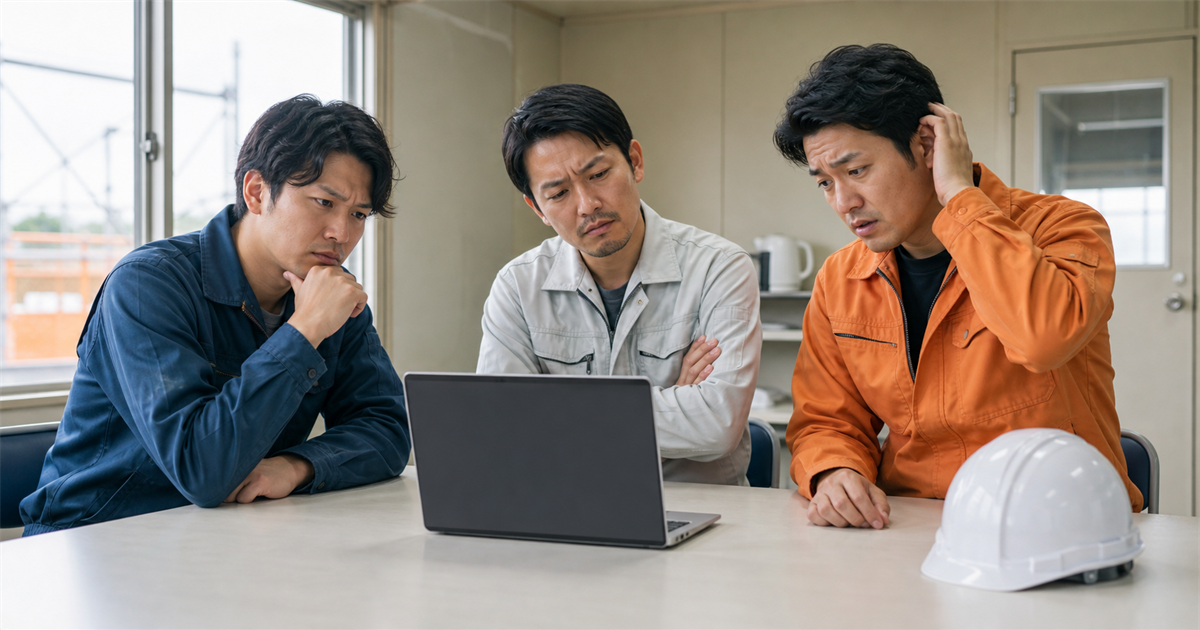 プレハブ休憩室でノートPCを囲みCCUS登録の入力に戸惑う建設作業員3人