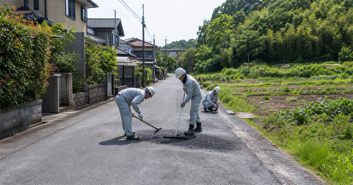 北本市の住宅地と里山に囲まれた生活道路で路面補修を行う作業員たち（CCUS登録が求められる地域背景）