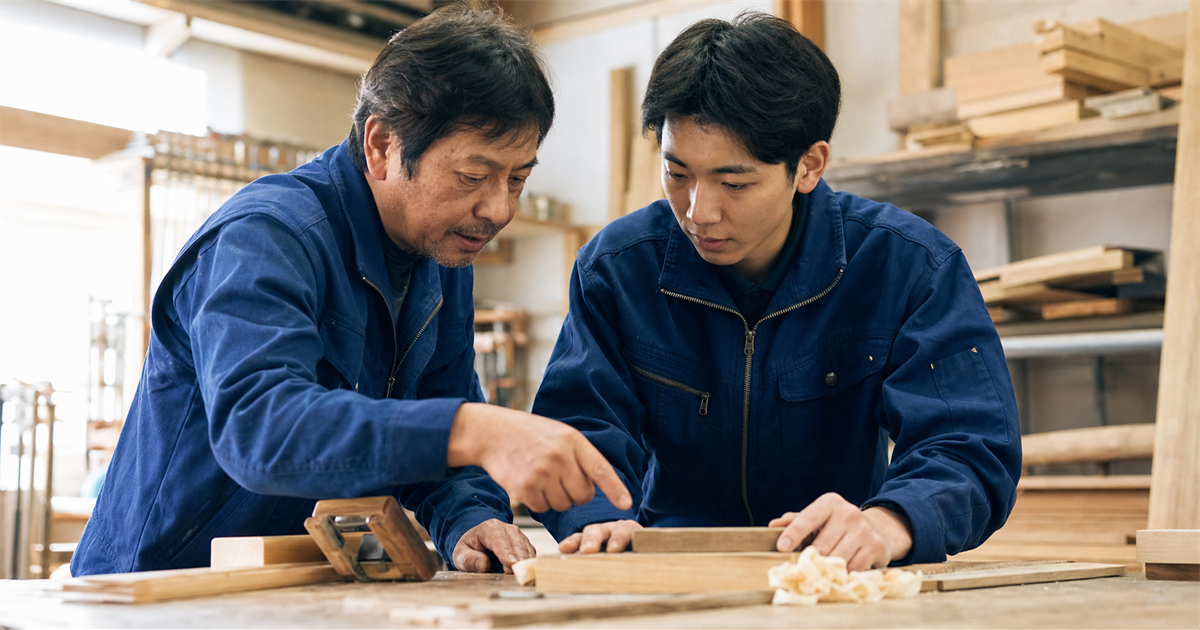 熟練職人が若手に技能を教える=承継で引き継がれる技能と実績のイメージ