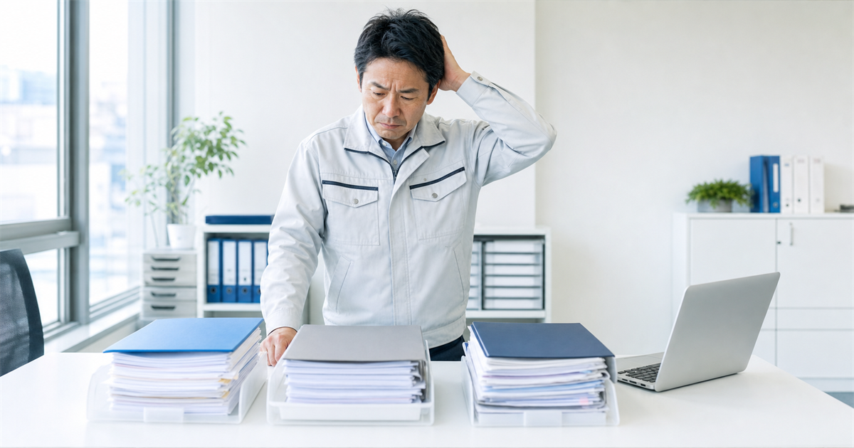 3種類の書類を前に自分でのCCUS登録に悩む建設事業者（管理者ID・事業者ID・現場IDの取り違え）