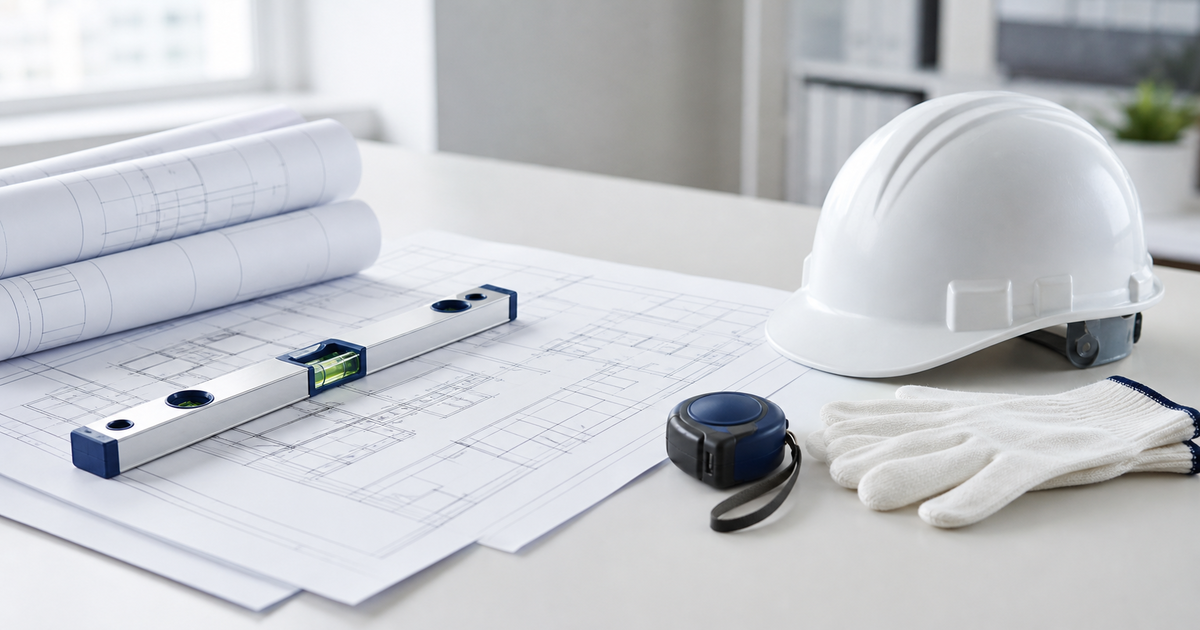 図面・水平器・工具＝承継で引き継がれる建設業の技能と実績のイメージ