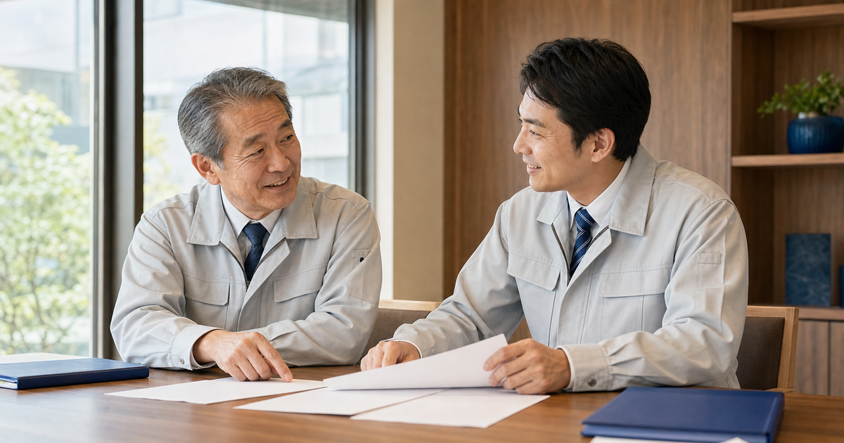 経営者と後継者が書類を前に会社の将来を話し合う=事業承継の選択肢のイメージ