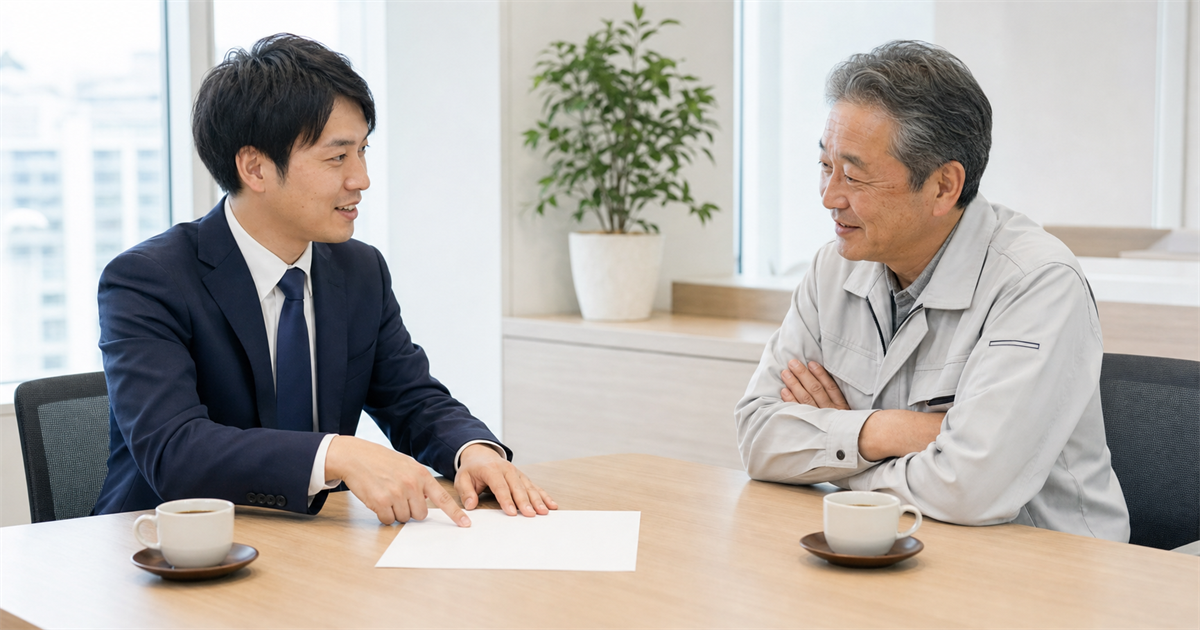 応接テーブルで行政書士が費用の目安を説明し経営者が相談する場面