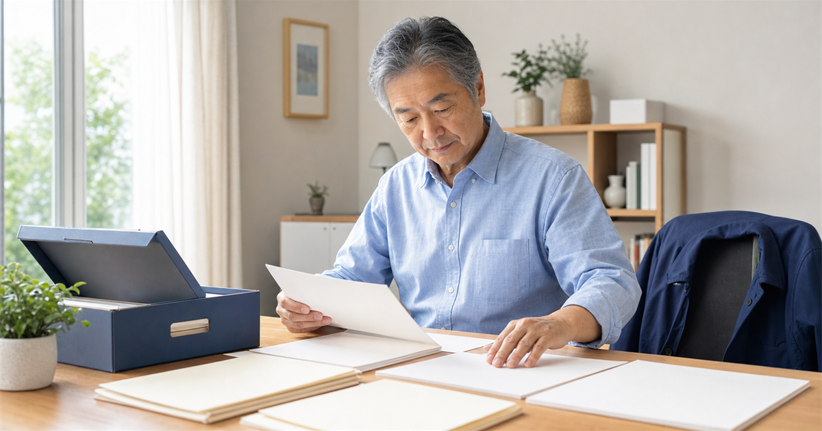 自宅の書斎で書類を並べ事業承継の準備を始める60代の経営者