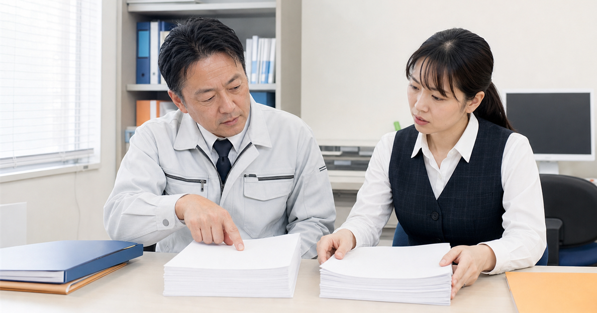 事務所で社会保険関係の書類を突き合わせて確認する事業者と事務スタッフ。自分で登録する際に詰まる落とし穴のイメージ