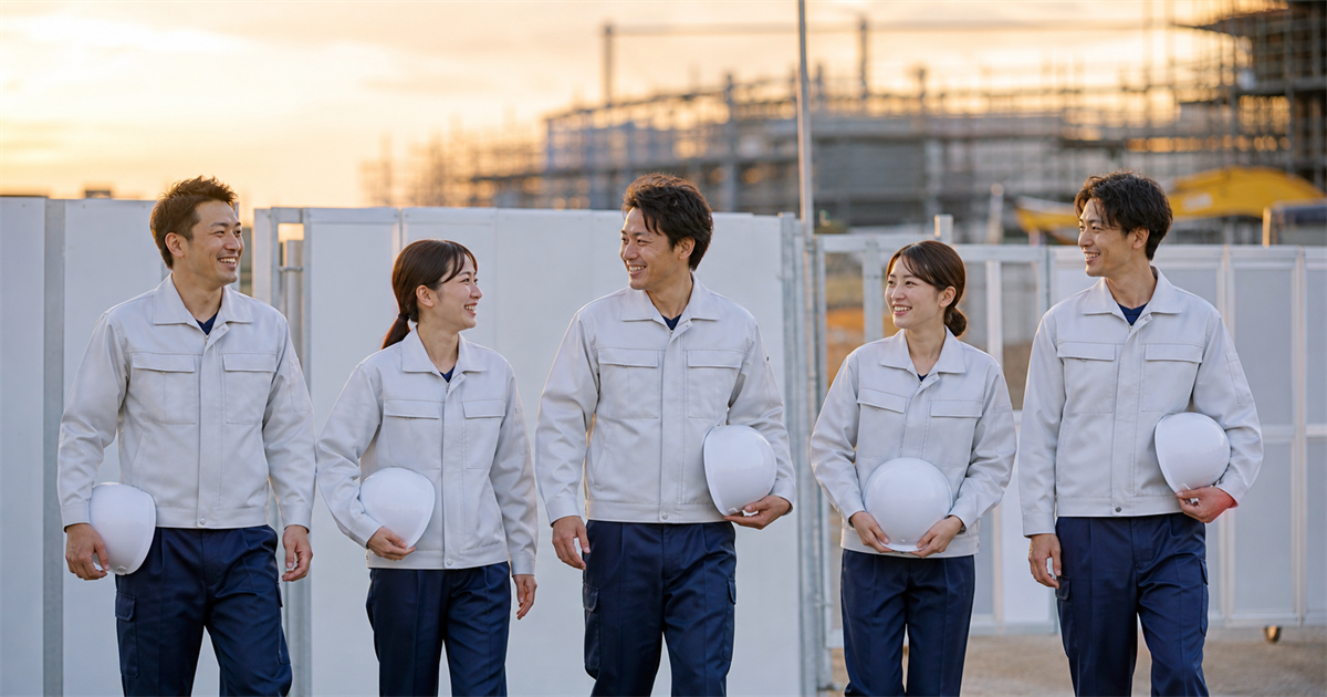 夕方の現場ゲート前で作業を終えて退場する技能者チーム。登録代行を依頼すべき典型パターンのイメージ
