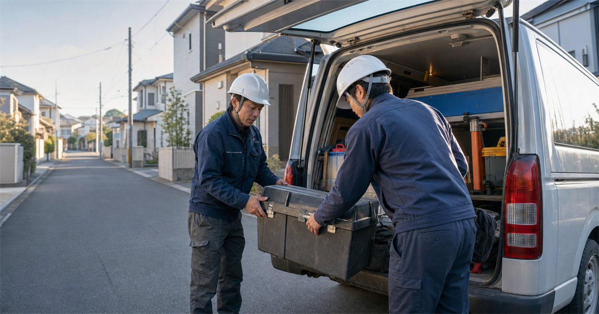 早朝の住宅街でワゴン車に工具を積み込み広域の建設現場へ出発準備をする伊奈町の職人