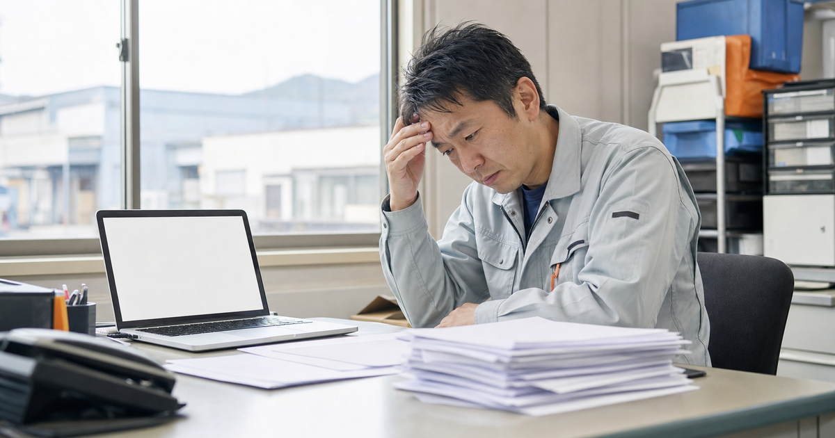 町工場の事務コーナーで書類とパソコンを前にCCUSの自己登録に行き詰まる一人親方