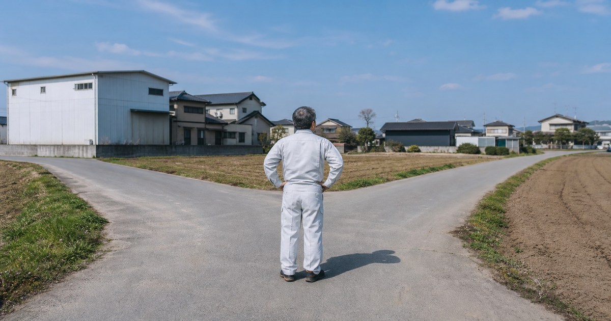 郊外の分岐路に立ちどちらの道へ進むか見比べる建設業経営者の後ろ姿。親族内承継・従業員承継・M&A・廃業の4つの選択肢