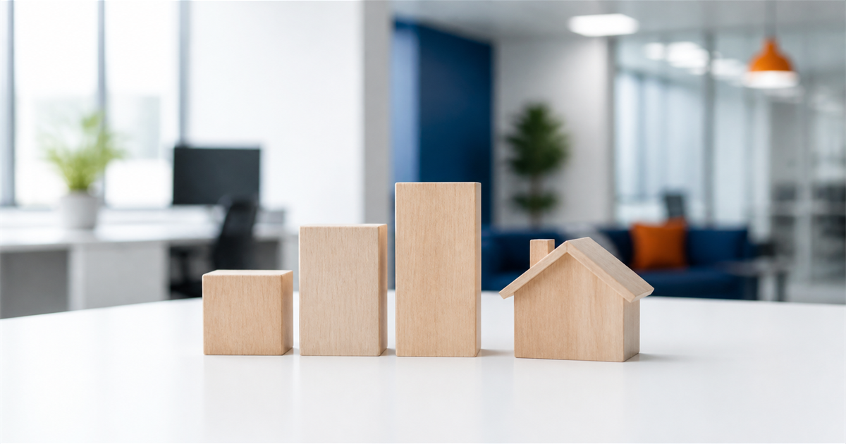 段階的に高くなる木製ブロックと住宅模型でCCUSの料金体系とレベルの段階を表したイメージ