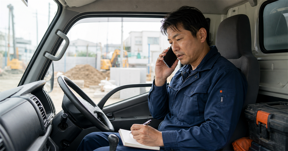 現場のトラック運転席で元請と電話しながらCCUS登録の段取りを確認する一人親方