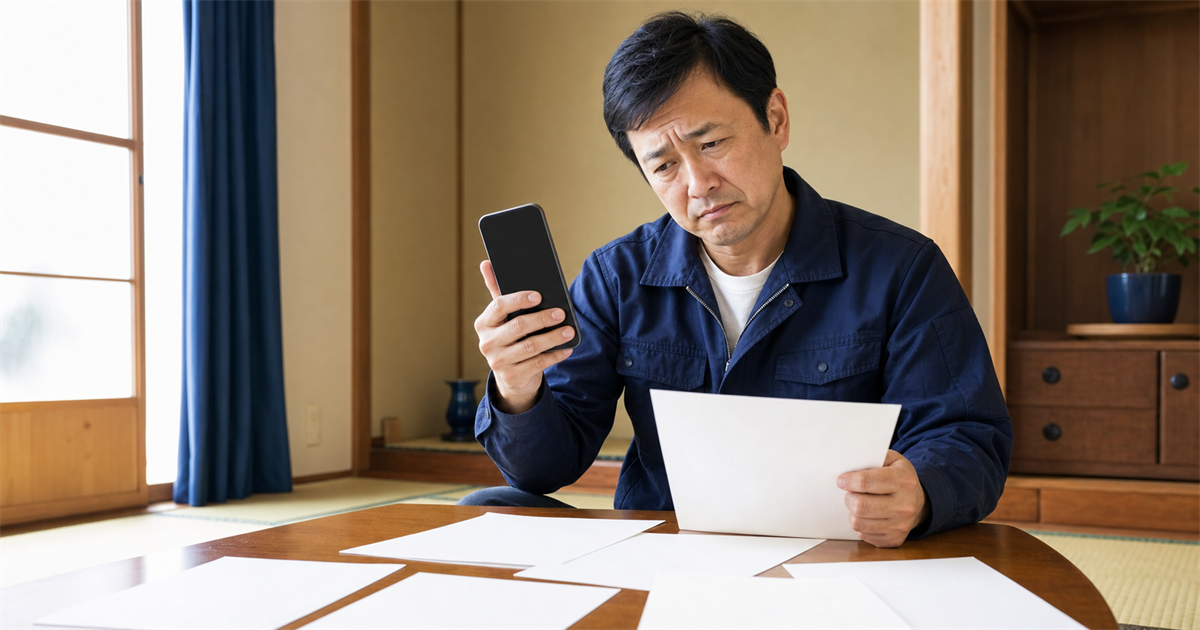 自宅で社会保険関係の書類とスマホを見比べCCUS自己登録に悩む杉戸町の一人親方