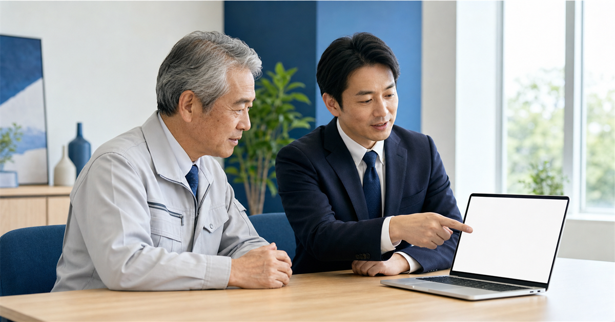建設業許可とCCUSの手続をノートパソコンで一緒に確認する杉戸町の経営者と行政書士