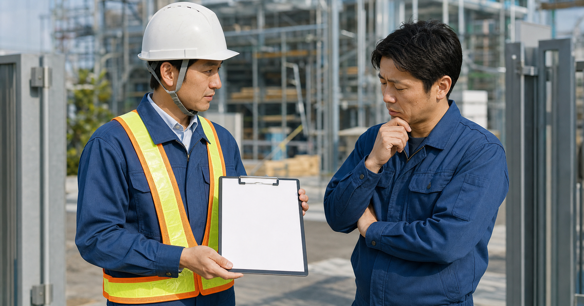 建設現場のゲートで元請の現場監督からCCUS登録状況を確認される一人親方