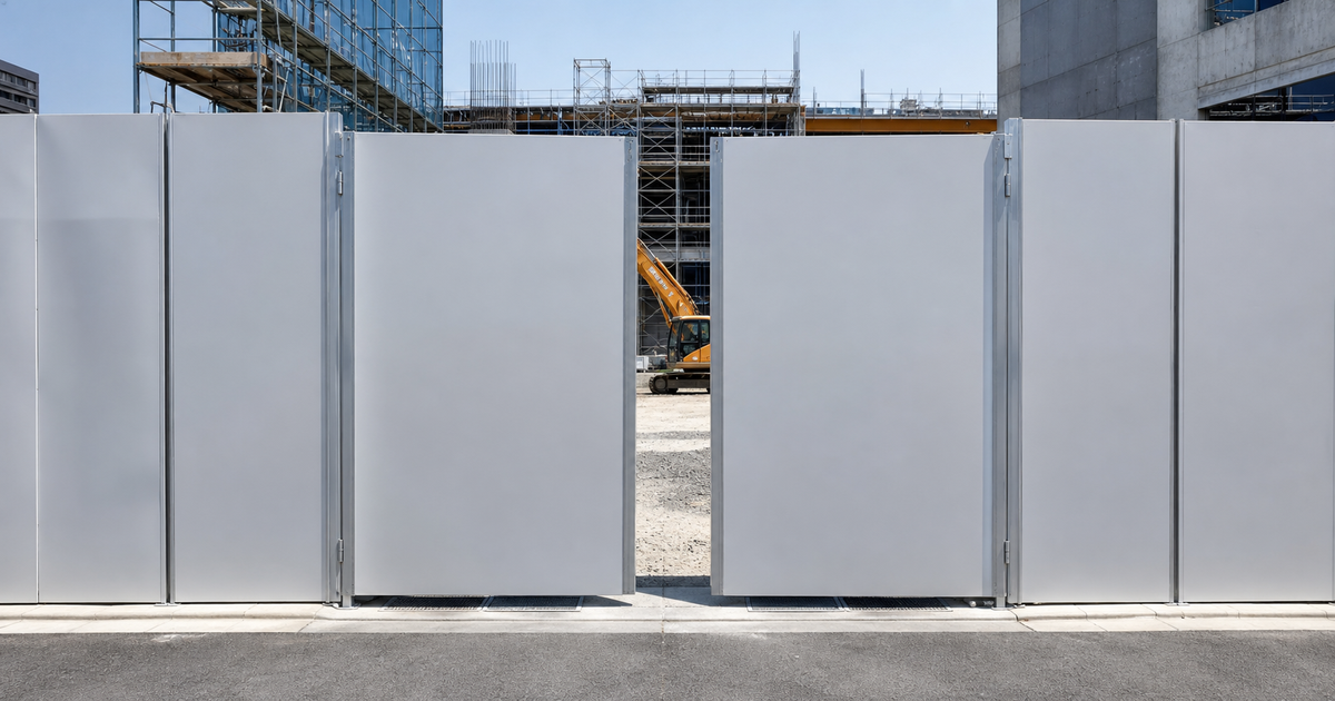 閉じた仮囲いゲート越しに重機と足場が見える建設現場。許可承継認可を怠ると現場に入れなくなる建設業特有の壁