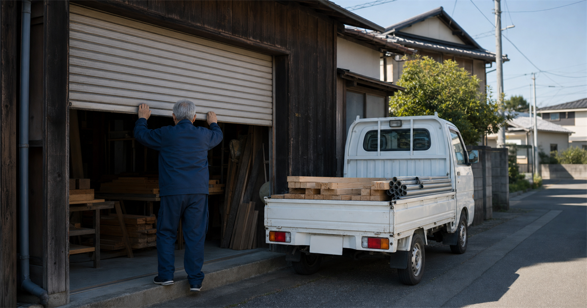 早朝、古い木造の作業場のシャッターを開ける杉戸町のベテラン職人と軽トラック