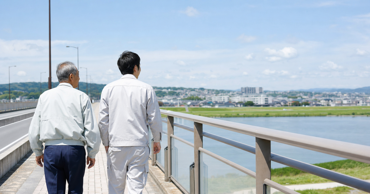 川に架かる橋を並んで歩く年配経営者と若手職人。県境をまたいで広がる取引先を示す