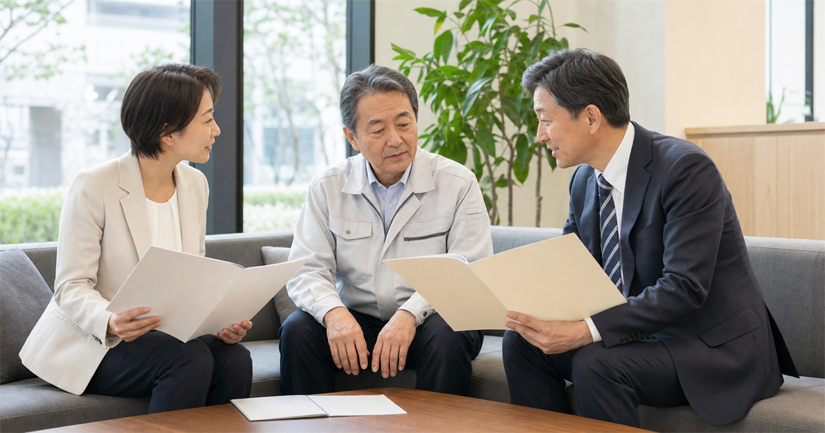 ソファで行政書士と税理士が経営者を挟み、それぞれの役割と費用を説明する場面