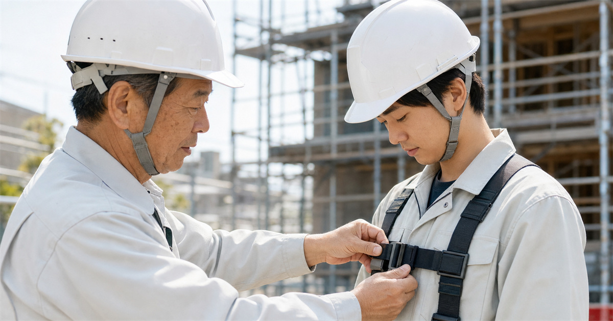 建設現場で年配経営者が若手後継者の安全ハーネスを直す。技能承継は時間がかかる