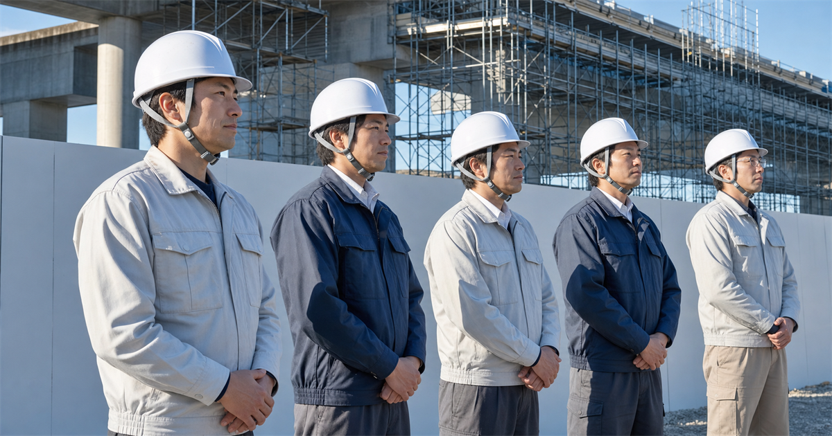 建設現場で整列して朝礼を受ける作業員と、奥で進む高架構造物の工事
