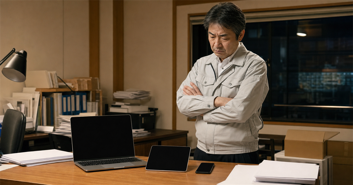 事務所で3台の端末を前に腕を組み、CCUSの登録手順に戸惑う建設会社の経営者