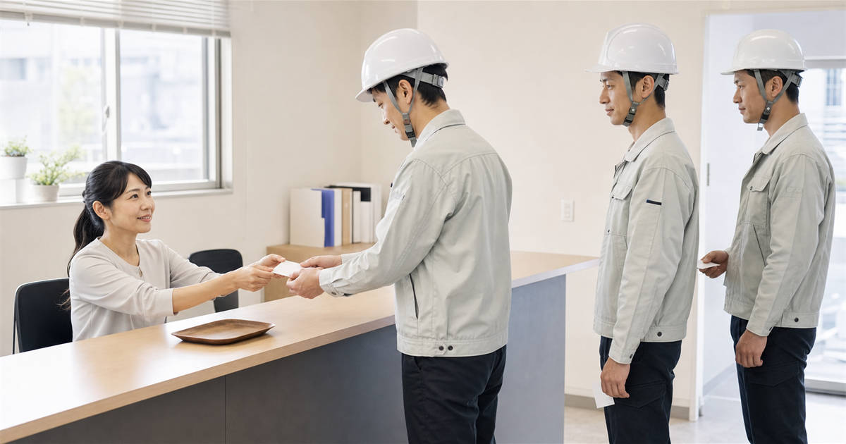 現場事務所の受付で技能者に無地のICカードを一枚ずつ手渡す事務担当者
