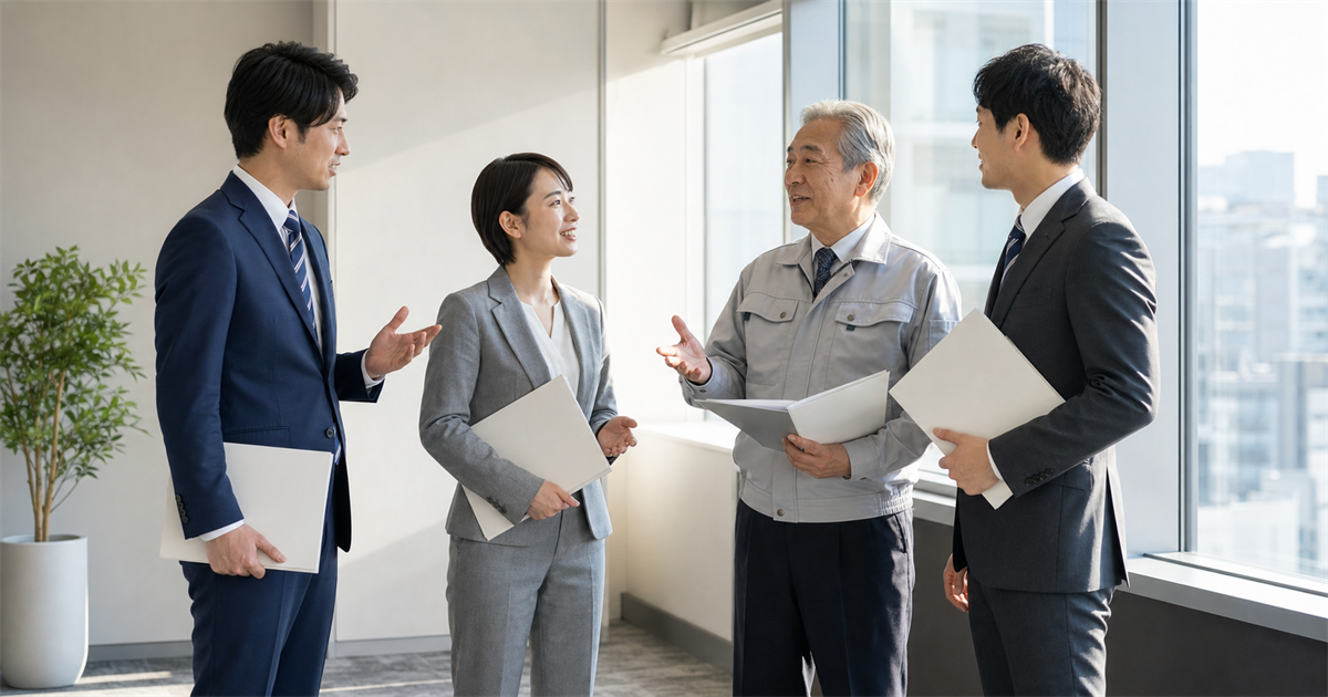 明るいオフィスで立ったまま打ち合わせる行政書士・税理士など専門家3人と建設会社経営者。事業承継は専門家の役割分担で進める