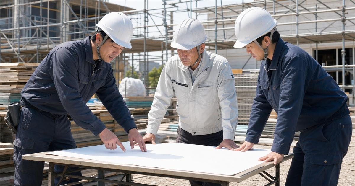 建設現場で図面を広げて打合せする親方と職人2人